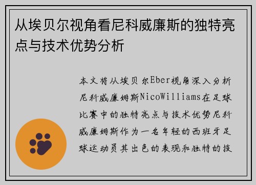 从埃贝尔视角看尼科威廉斯的独特亮点与技术优势分析 从埃贝尔视角看尼科威廉斯的独特亮点与技术优势分析